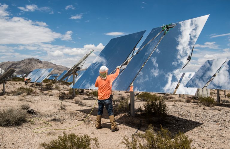 Contracted workers clean Heliostats at the Ivanpah Solar Project, owned by NRG Energy, Bright Source Energy,Bechtel and Google.