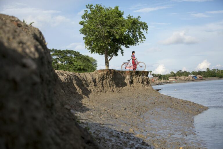 A coastline is affected by erosion. A boy stands with his bicycle at the edge.