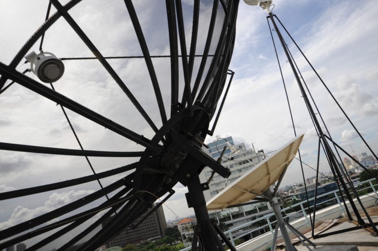 Satellite dishes on a rooftop