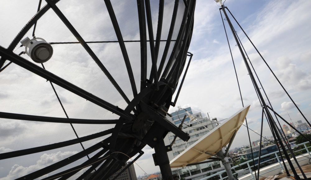 Satellite dishes on a rooftop