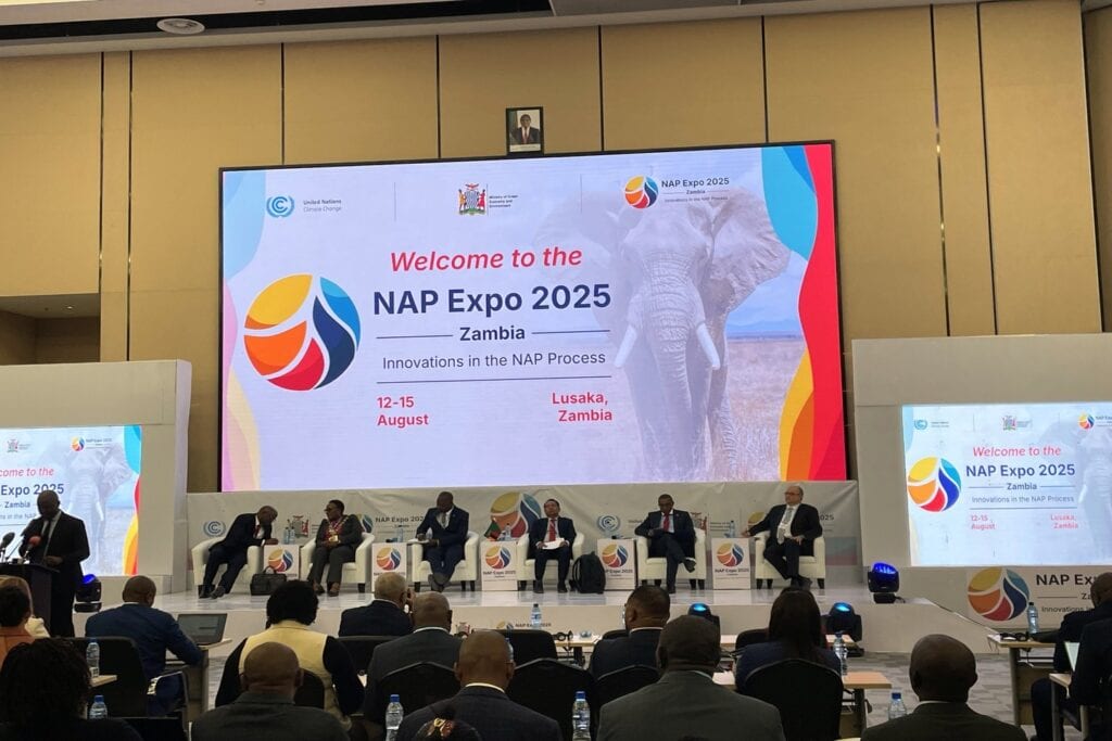 Six men are sitting on stage. Above them is a presentation with the NAP Expo logo.